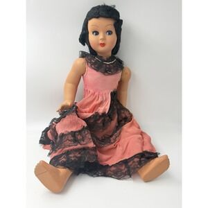 Vintage Italian Plastic Doll 27 Inch Black Hair Pink Dress AS IS Repair DAMAGED